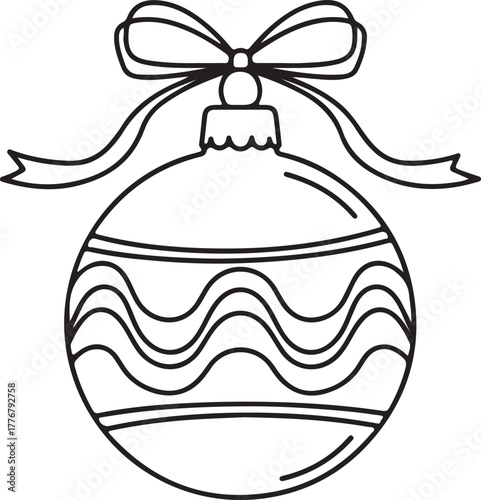 Elegant black line drawing of a christmas ornament featuring a decorative wavy pattern across its center