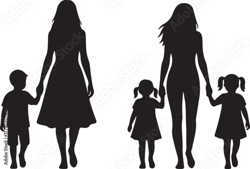 Silhouettes of two mothers holding hands with their children walking together as a family in a warm loving gesture