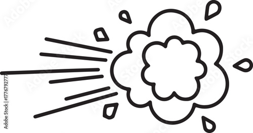 A dynamic black and white line drawing representing an explosion or burst effect with vibrant color accents