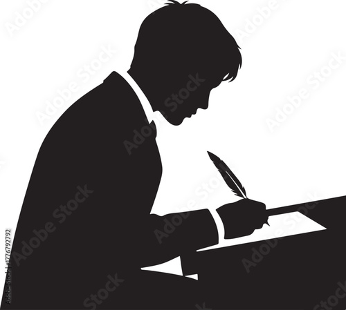 Silhouette of a man wearing a suit writing with a quill pen on a piece of paper at a desk