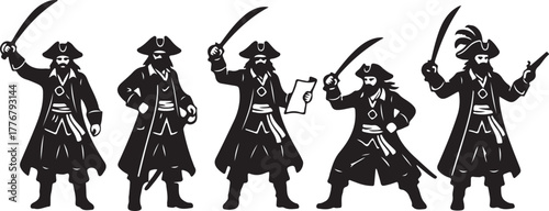 Pirate crew silhouette five adventurers with swords ready for action on the high seas
