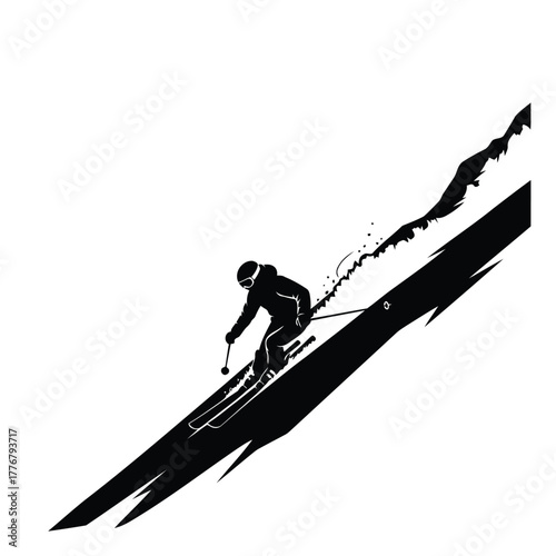 Vector illustration silhouette of a skier skiing down a steep slope on isolated