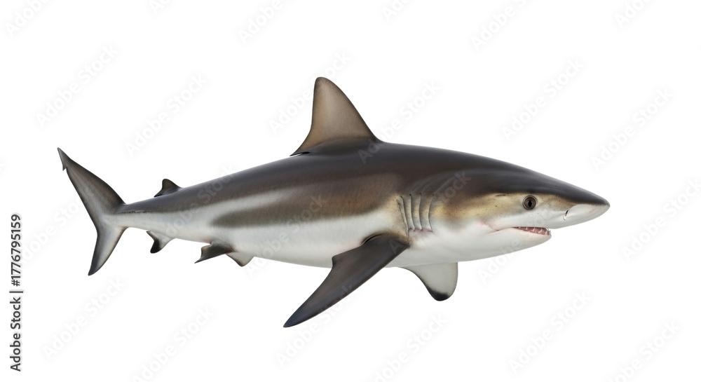 Fototapeta premium Great white shark isolated on white background showing majestic ocean predator