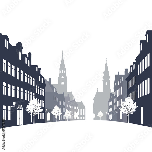 Vector illustration silhouette of a european city street with buildings and trees