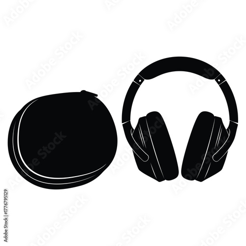 Vector illustration black silhouette of wireless headphones and case