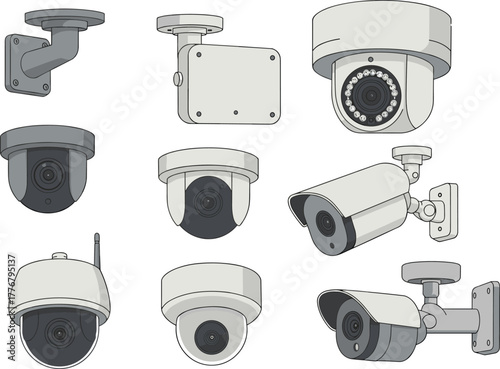 Surveillance camera vector set, nine security devices, dome, bullet, box styles, infrared and wireless features, front view, flat illustration
