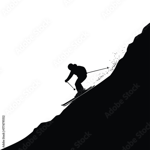 Vector illustration silhouette of a skier skiing down a steep slope