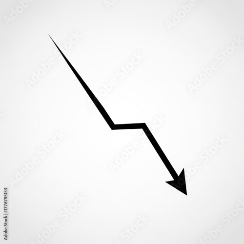 Dramatic Declining Arrow on White Backdrop: Visual Representation of Loss, Failure, Economic Downturn and Market Crash, Minimalist Graphic Design for Infographics