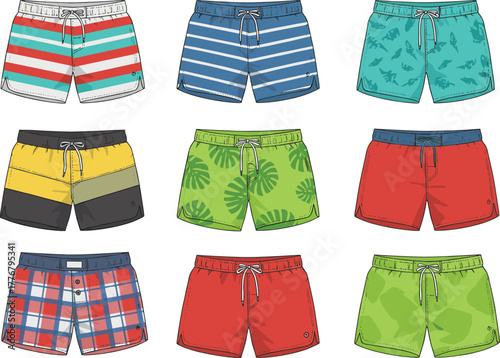 Swim trunk vector set, colorful beachwear collection, striped, plaid, tropical leaf, solid styles, front view, flat illustration
