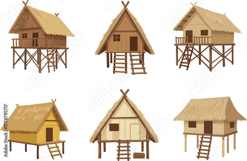 Traditional stilt house vector set, six wooden structures, thatched roof styles, tropical architecture, elevated homes, front view, flat illustration