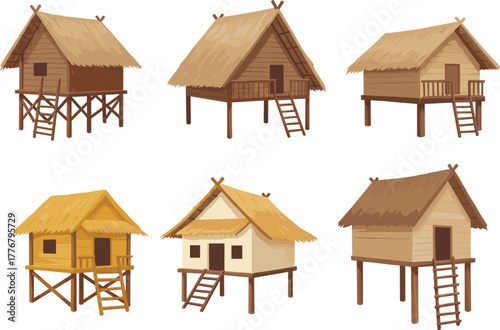 Traditional stilt house vector set, six wooden structures, thatched roof designs, tropical architecture, elevated homes, front view, flat illustration