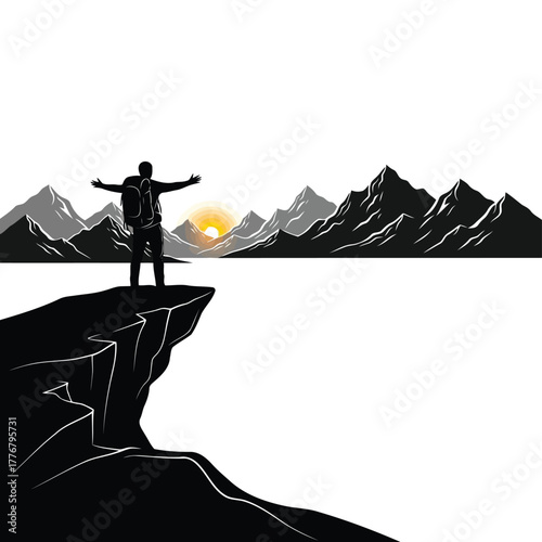 Vector illustration hiker on mountain top with arms outstretched