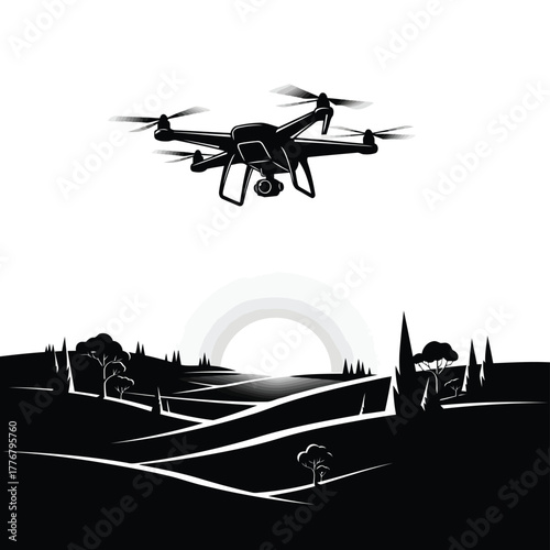 Vector illustration drone flies over a beautiful landscape
