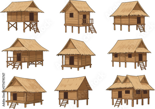 Traditional stilt house vector set, wooden architecture, thatched roof variations, Southeast Asian style, elevated structures, front view, flat illustration