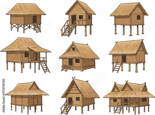 Traditional stilt house vector set, wooden architecture, thatched roof designs, Southeast Asian style, elevated structures, front view, flat illustration