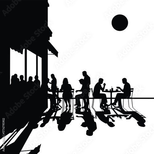 Vector illustration silhouette of people at outdoor cafe at night