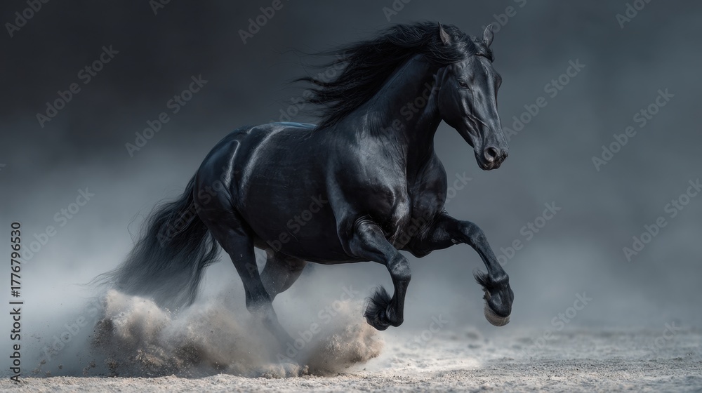 Obraz premium A majestic black horse gallops through a cloud of dust, showcasing its strength and grace in a dramatic, atmospheric setting.