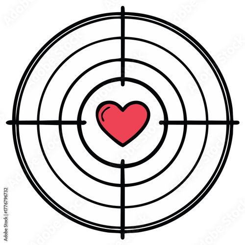 Hand drawn illustration of a red heart in the bullseye of a target with crosshairs