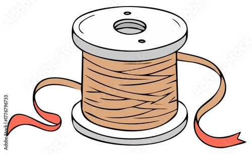 Cartoon spool of brown thread with red ribbon unraveling, craft supply illustration