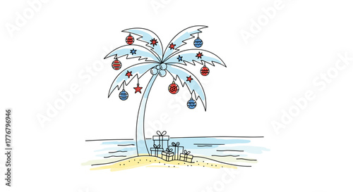 Doodle Palm Tree Decorated with Christmas Ornaments and Gifts Underneath on a Tropical Beach, concept of seaside Christmas vacation and festive travel — One Line Art Minimalist Watercolor Vector