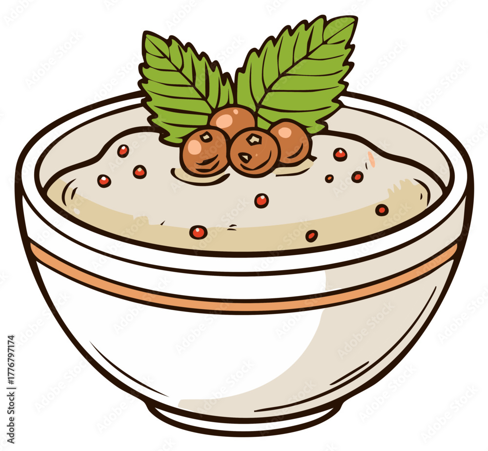 Fototapeta premium Creamy Dip or Sauce in Bowl with Berries and Mint Leaves Hand-Drawn Style