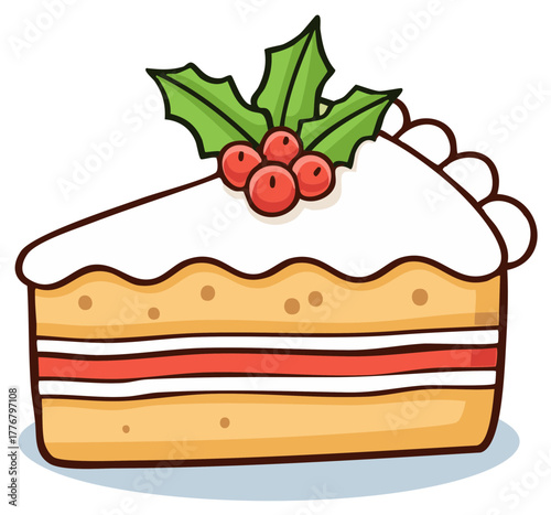 Hand-drawn cartoon illustration of a festive Christmas cake slice with holly garnish