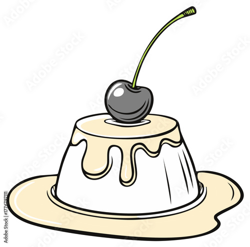 Panna Cotta Dessert with Cream Sauce and Cherry Garnish Illustration