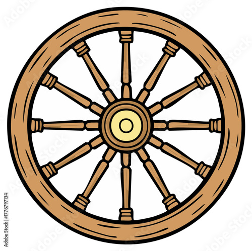 Vintage wood ship steering wheel with spokes and center hub illustration isolated