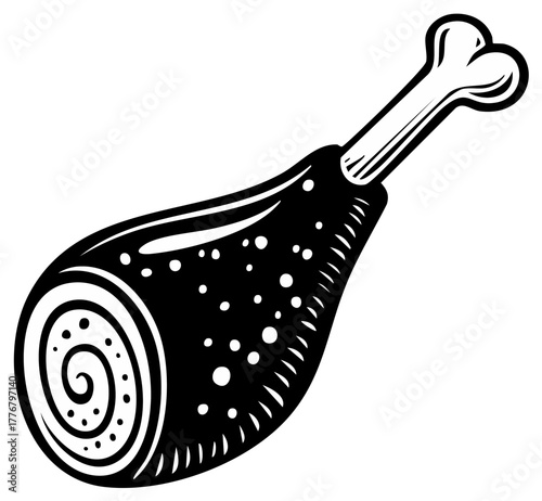 Stylized ham leg with bone, black and white graphic vector icon