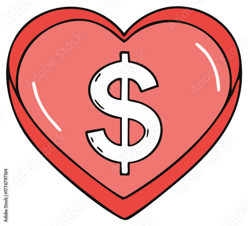 Cartoon Heart with Dollar Sign Icon for Love of Money or Charity