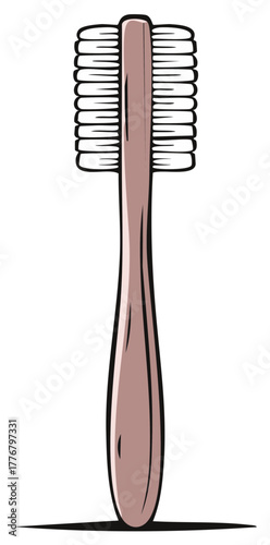 Illustration of a hairbrush with a wooden handle and rows of bristles for personal hygiene