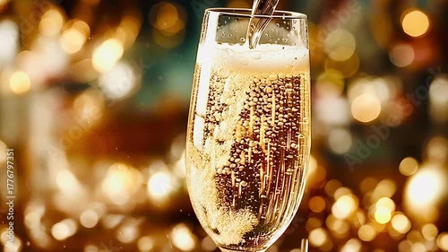 Golden sparkling champagne pouring into a flute glass with rising bubbles and foam against a background of festive golden bokeh lights. Celebrating a special occasion. Anniversary. Or new year's eve