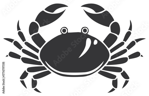 Simple stylized crab illustration with large claws and eye spots, in a dark gray vector drawing, marine life.