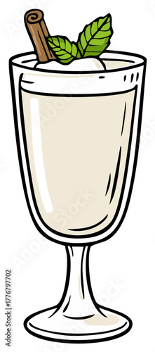 Creamy beverage in a glass garnished with mint and cinnamon stick