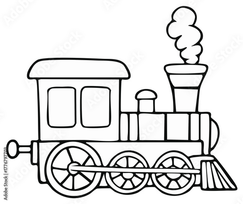 Black and white illustration of a cartoon steam train with smoke and wheels