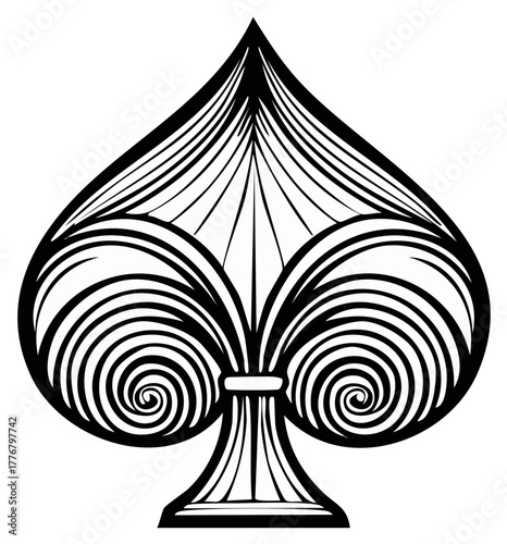 Elegant Ornate Black White Spade Symbol with Decorative Swirls and Intricate Lines Design
