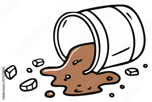 Toppled over disposable cup spilling coffee or hot chocolate with sugar cubes in a messy puddle illustration
