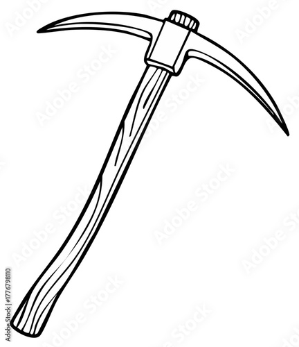 Hand Drawn Pickaxe, Tool for Mining and Breaking Ground, Black and White Illustration