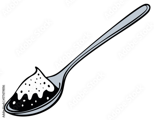 Hand-drawn spoon filled with powdery substance and dark liquid