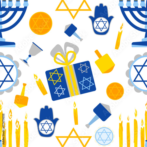 Hanukkah pattern with menorah candles Star of David dreidels and gift box in blue and yellow colors