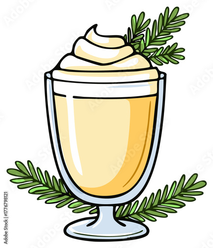 Festive cartoon beverage in a glass topped with cream and green sprigs holiday drink