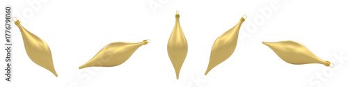 Elegant clean soft gold Christmas icicle ornaments, isolated. Clean 3d vector render in different angles. Christmas tree decoration of realism style. Perfect for social media designs, greeting cards.
