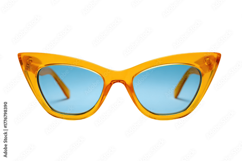 Fototapeta premium Stylish orange cat-eye sunglasses with vibrant blue lenses. Fashionable eyewear with a retro appeal, perfect for sunny days. background removed