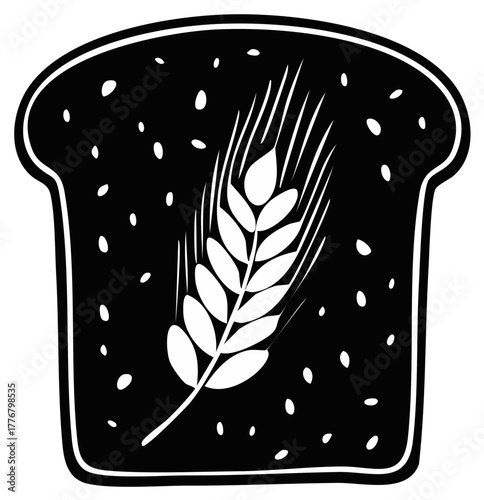 Monochrome illustration of a bread slice featuring a wheat ear and scattered grains symbolizing bakery