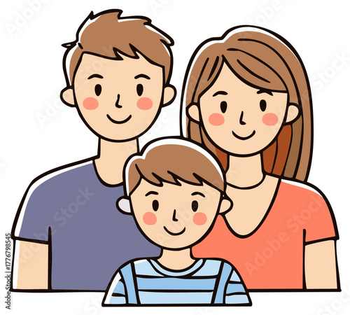 Smiling parents and son group portrait with joyful expressions cartoon illustration