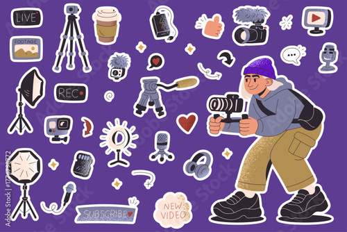 Vlog sticker pack with female creator, camera and social icons on purple background