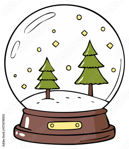 Charming snow globe illustration featuring green Christmas trees and sparkling snow indoors
