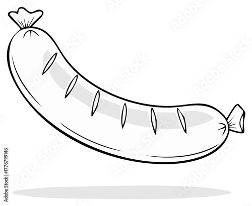Black and white cartoon illustration of a single grilled sausage link or bratwurst