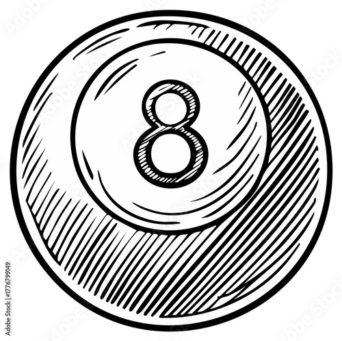 Illustrated Eight Ball in Black and White Billiard Cue Ball, Isolated