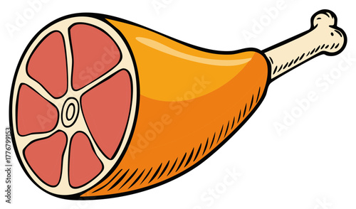 Cartoon Meat Leg Portion with Bone, Roasted Juicy Ham Slice in Sketch Style